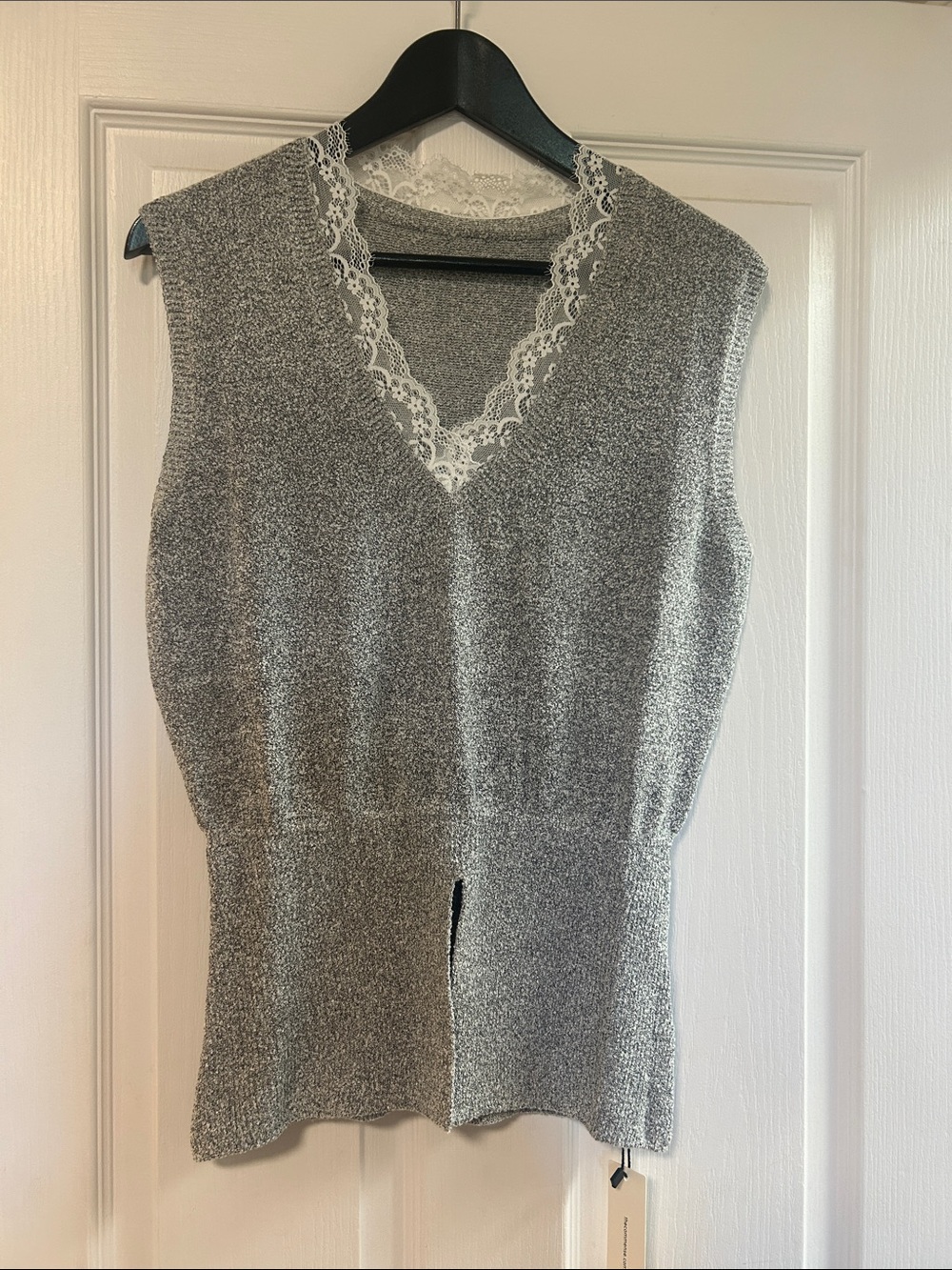 Commense Gray Knit Tank with White Lace V-Neck
